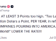 特朗普：美联储利率至少高了3个百分点